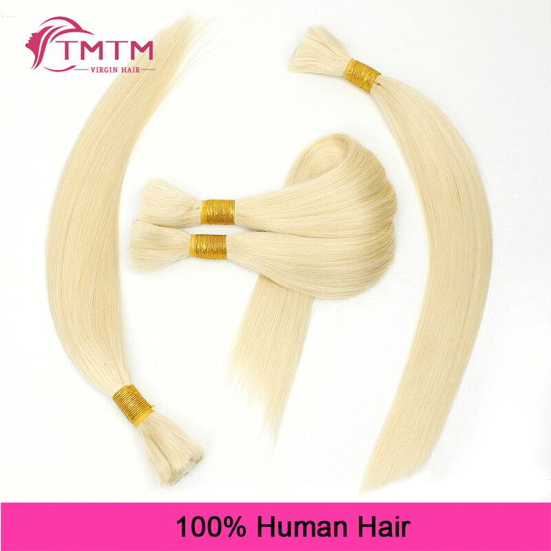 Ekstensi rambut manusia massal pirang Platinum untuk mengepang tanpa kain 100% rambut manusia jumlah besar 100G bundel lurus Remy 16-28 inci