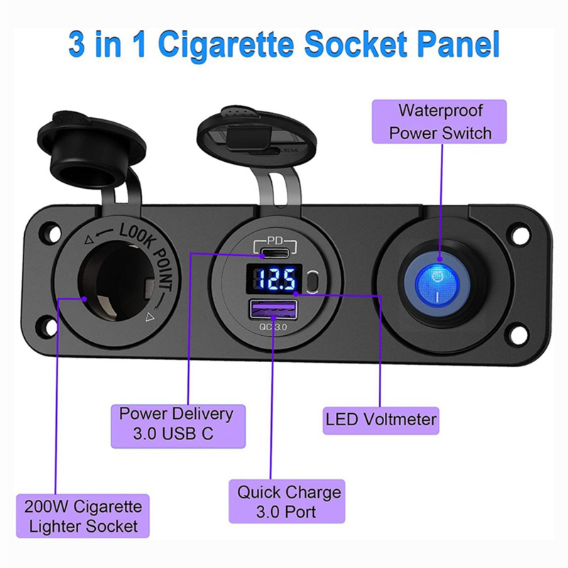 PD3.0 & QC3.0 USB Car Charger/Cigarette Lighter Panel 12V/24V 200W Lighter Socket with Switch for Car, Boat, RV,
