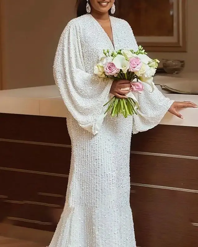 2024 Pailletten weiße afrikanische Hochzeits feier Kleider für Frauen Frühling afrikanische Langarm V-Ausschnitt Abend Maxi kleider Afrika Kleidung