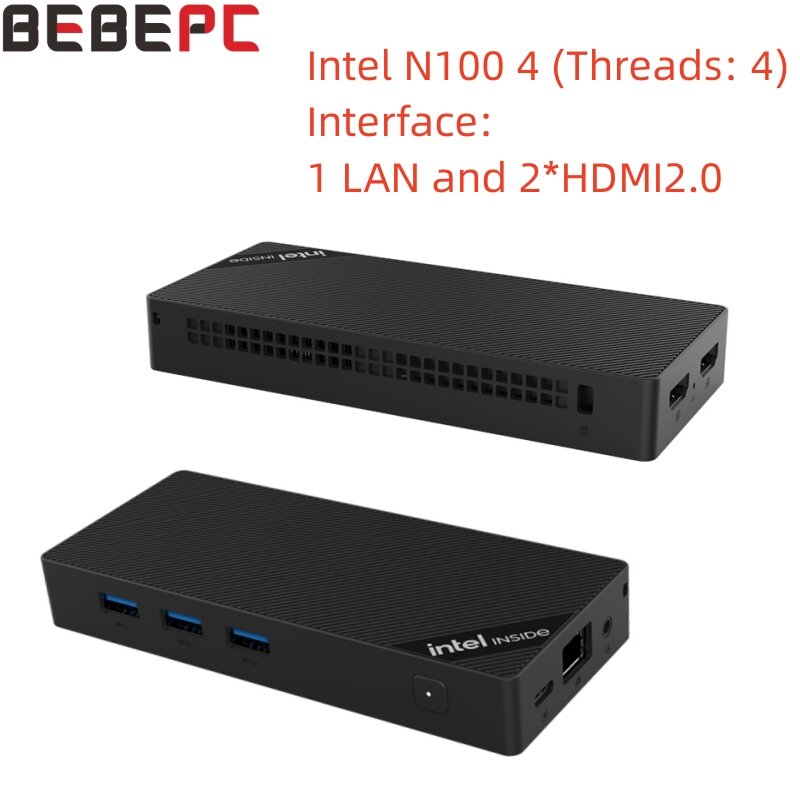 BEBEPC-Mini PC Intel N100, 12G RAM, Suporte WIN11, Built-in Wi-Fi 6, AT201 INTEL, Placa de rede sem fio, 1 LAN, 2 * HDMI, Escritório e Casa