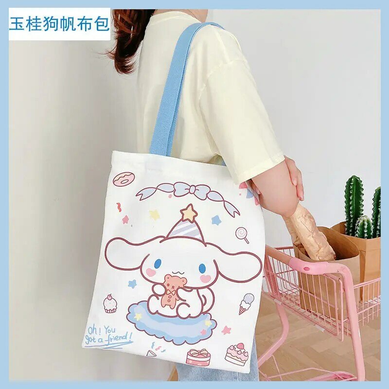 Cute Sanrio Cinnamoroll Cartoon Canvas Bag, Sacola portátil de grande capacidade, Uma bolsa de ombro Saco de armazenamento