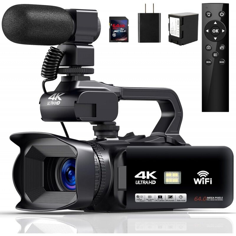 Kamera Perekam Video 4K 64MP 60fps, kamera Video dengan fokus otomatis untuk YouTube 18X perbesaran Digital dan WiFi