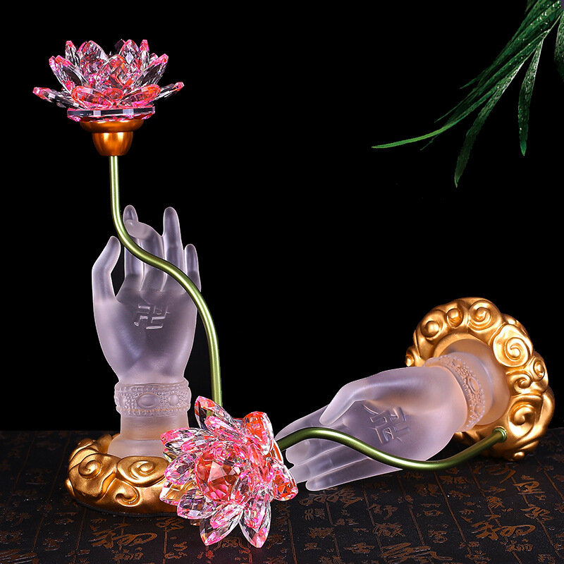 โต๊ะทรงดอกบัวคริสตัลแบบคู่ทำจากเรซินเจ็ดสีไล่ระดับสีแบบเจ็ดสี lampu Buddha สร้างสรรค์สไตล์เซน
