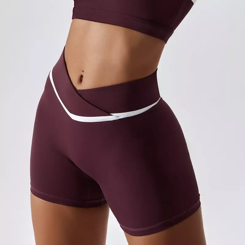 Contrast-colored hip-lifting nude yoga shorts ladies cross waist tight-fitting exercise quick-drying fitness shorts