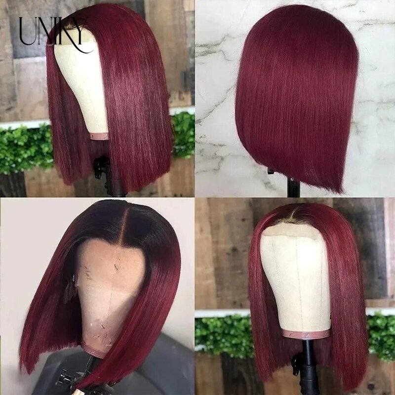 Ombre T1B/99J Bob Wig Human Hair Straight 13x4 transparent Lace Frontal Wig Middle Part Wig Short Bob Win Red Human Hair Bobwig