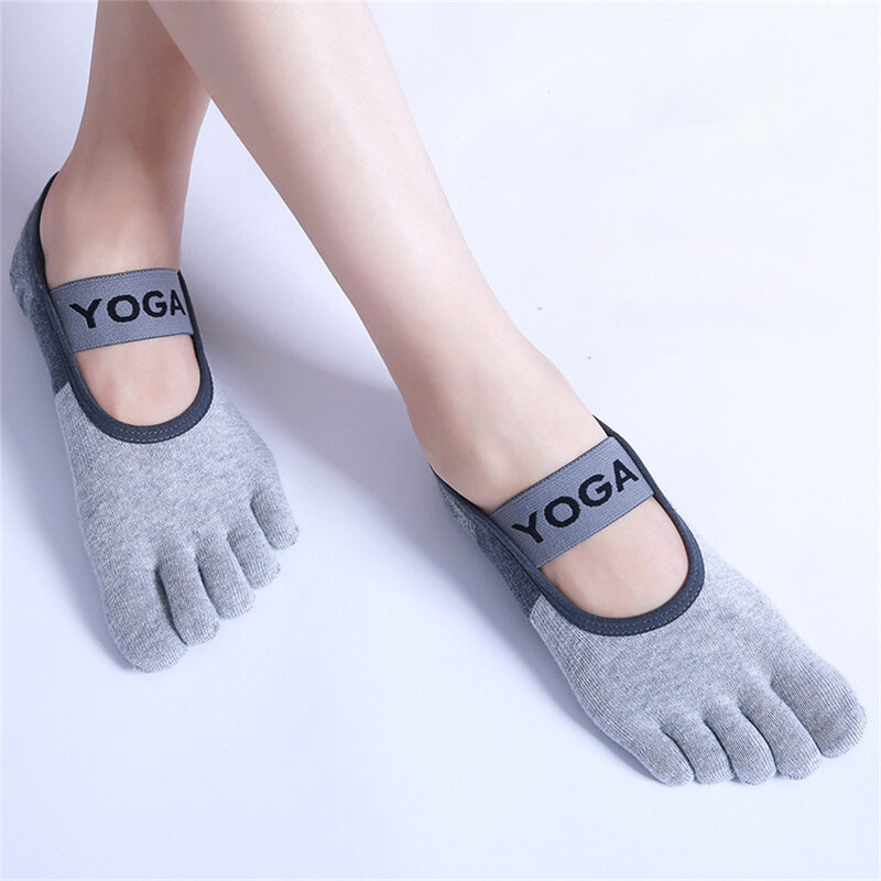 ถุงเท้าโยคะสำหรับผู้หญิง1คู่ถุงเท้าผ้าฝ้ายระบายอากาศระบายอากาศได้ห้านิ้วทำจากซิลิโคนกันลื่นในร่ม
