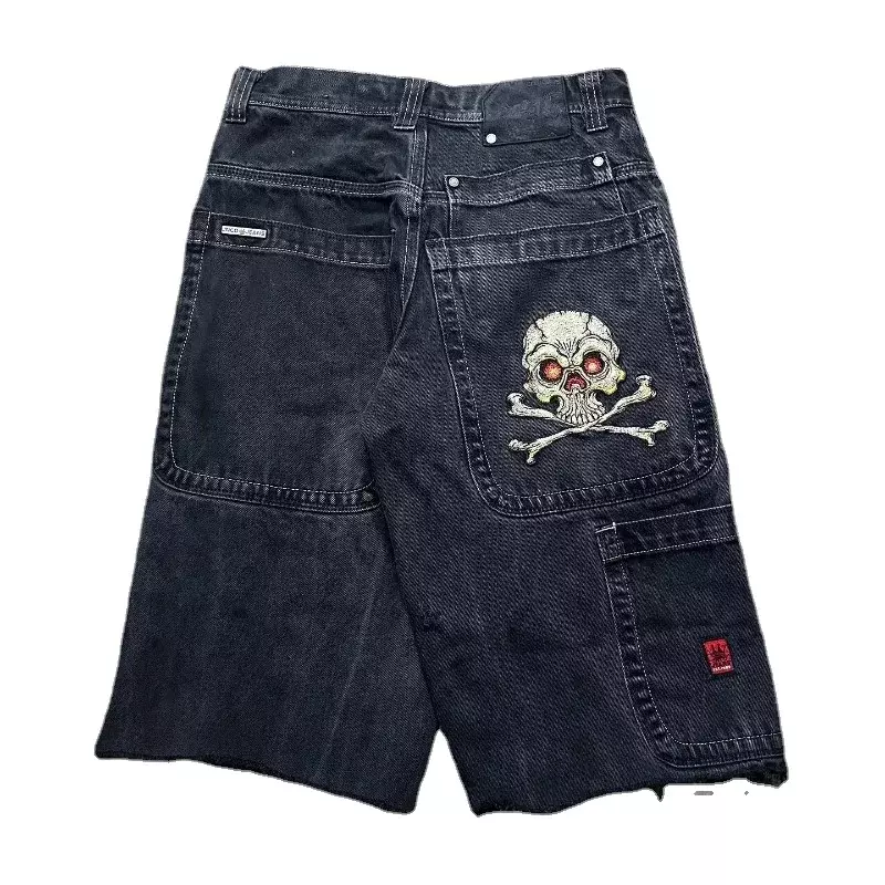 Y2K amerykańskie szorty new Harajuku hip-hop czaszka haftowane spodenki luźny dżins retro gotyckie szerokie nogawki z pięcioma spodnie rybaczki uliczne