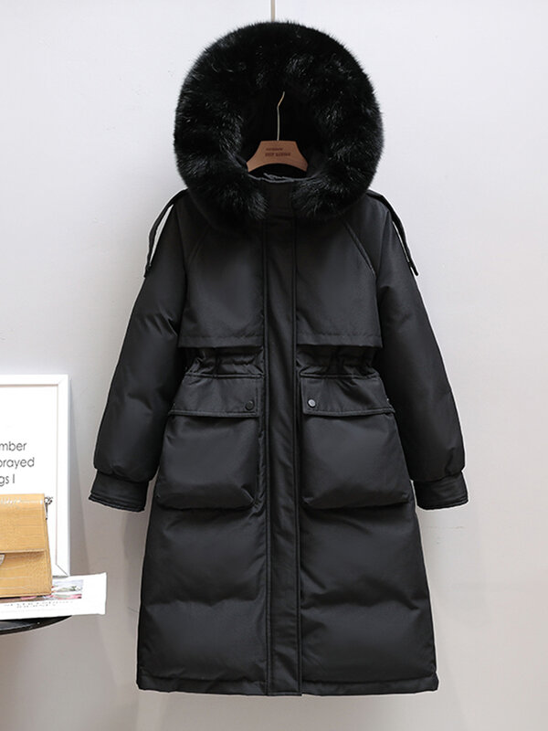 Fitaylor-女性用の長い冬用ジャケット,毛皮の襟付きの大きなコート,厚い白いダックダウン,暖かいアウター,90%