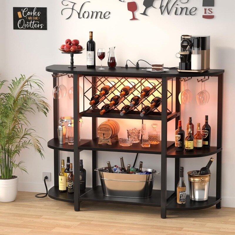 Unikito-Metal Coffee Bar Cabinet com Outlet e Luz LED, Piso Autoportante, Bar Mesa para Licor, Suporte de Vidro, 4-Tier