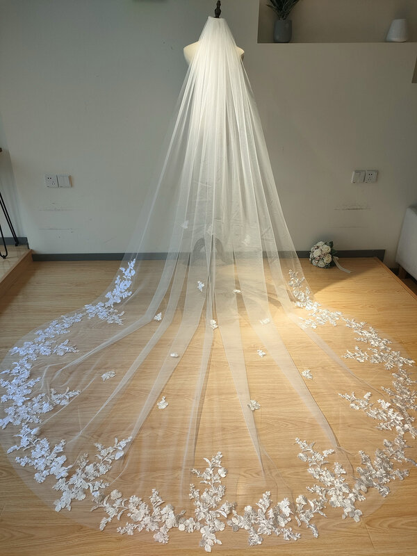 طبقة واحدة مطرزة الحجاب الزفاف ، الدانتيل الأبيض حافة الحجاب الزفاف ، العاج زين ، صور حقيقية ، 3m ، 4m ، 5m