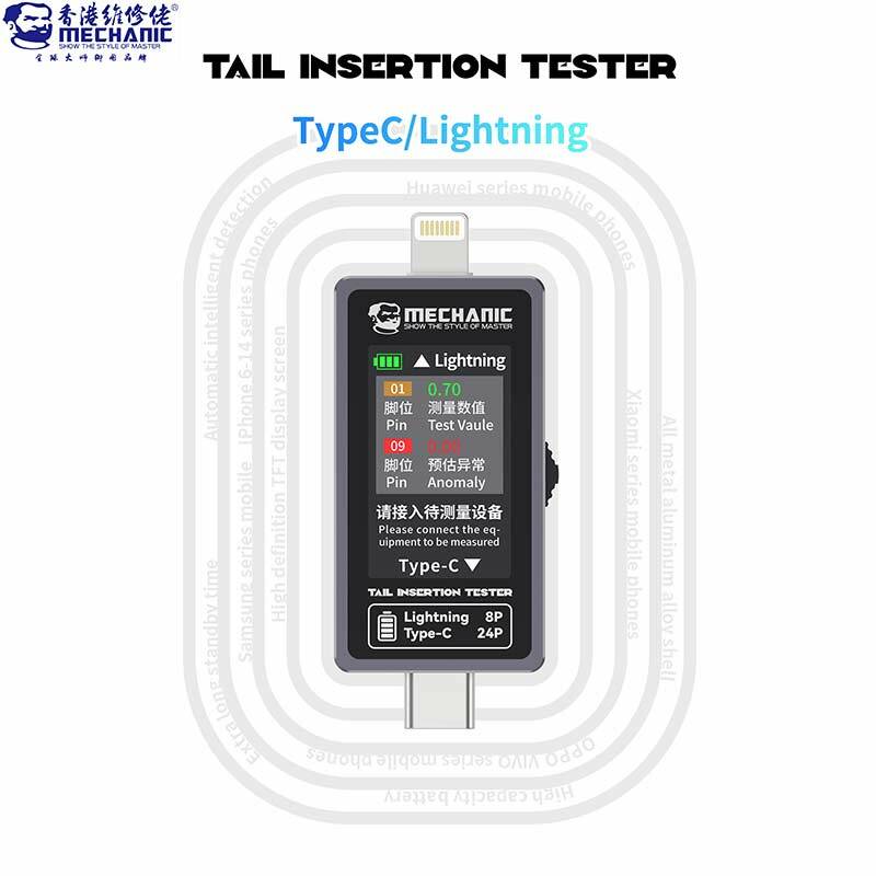 Mechanic T-824 Phone Tail Insertion Tester tampilan Digital arus daya Pemeriksaan independen Pin tipe-c Lightning tidak ada pembongkaran