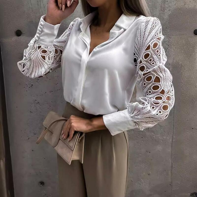 Camisa de renda com gola de lapela feminina, blusa patchwork elegante, sofisticada, longa