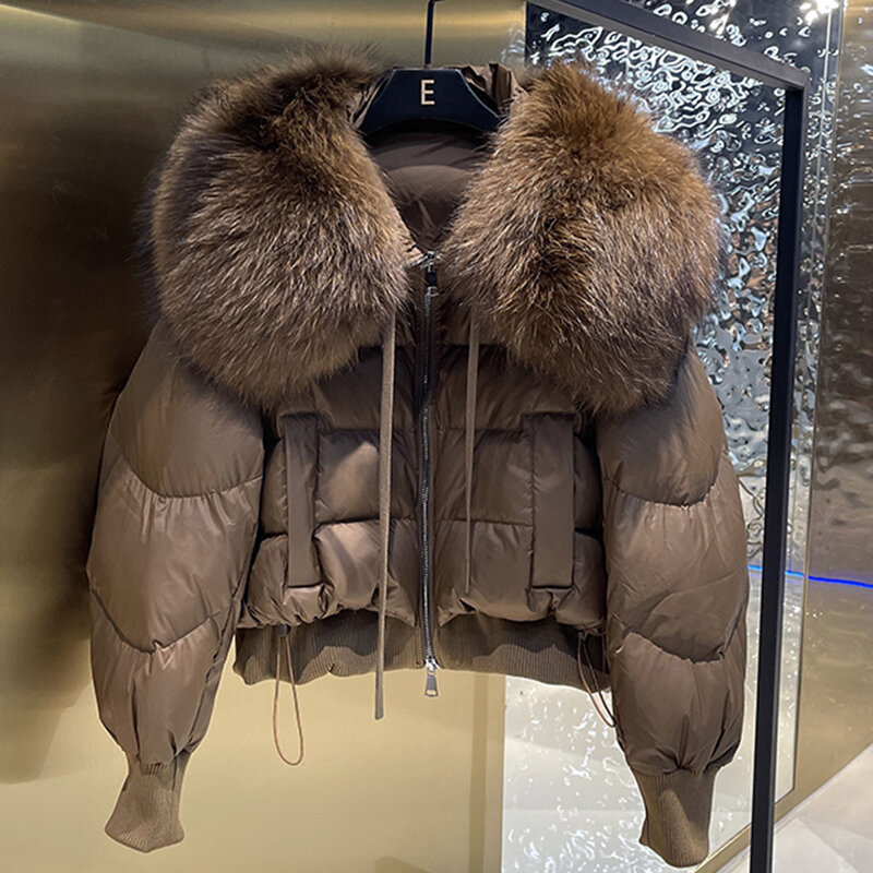 2024 Gorąca sprzedaż Super duży kołnierz z prawdziwego futra szopa Moda Odzież wierzchnia Zimowa damska krótka gruba kurtka z 90% gęsiego puchu