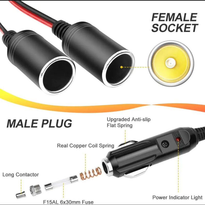 12V 24V 1 to 2 Car Cigarette Lighter Power Adapter Jumper Splitter Female Socket Plug Extension Cord Cable