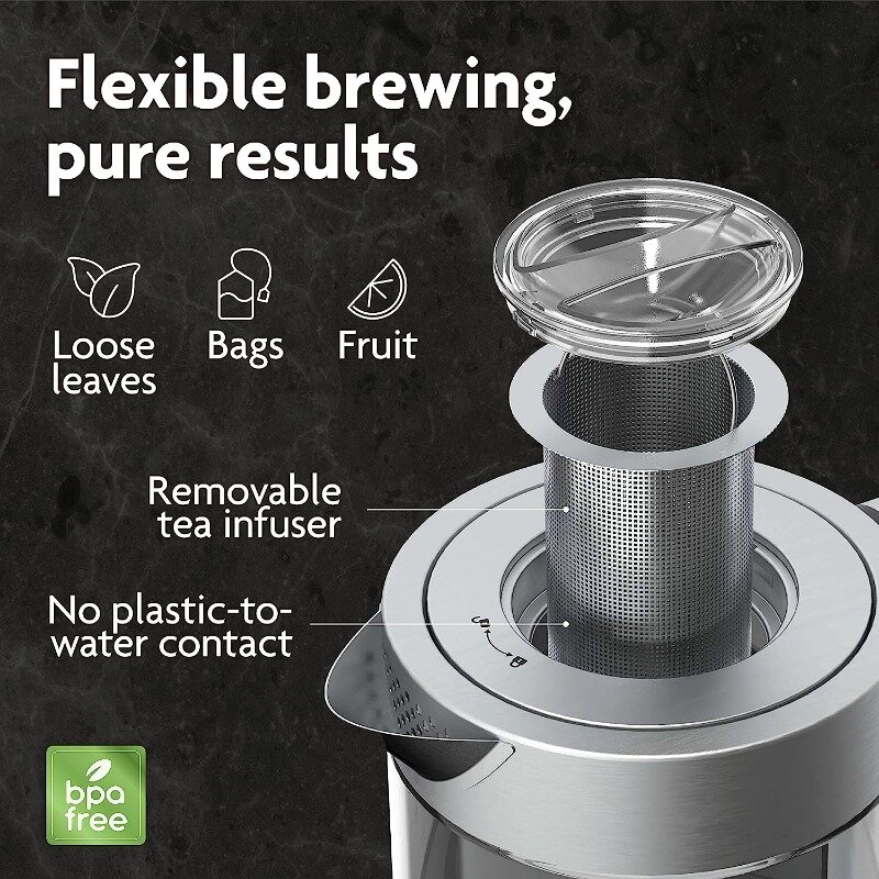 Vianté Hot Tea Maker Electric Glass Kettle with tea infuser and temperature control. Automatic Shut off