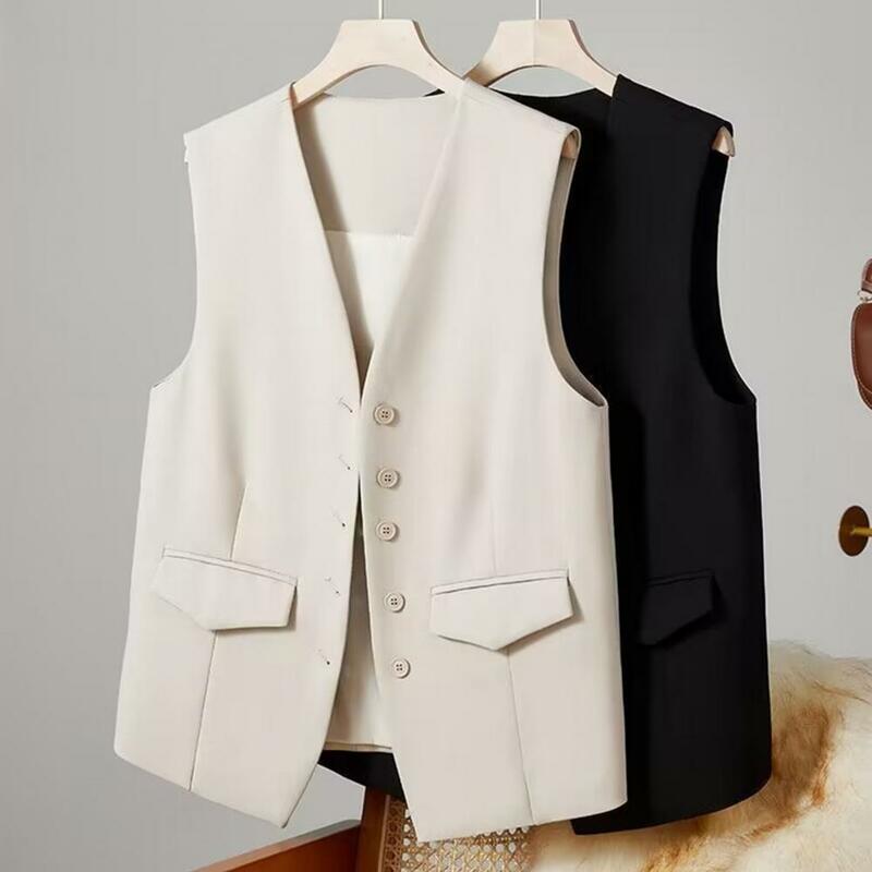 Women Suit Vest Elegant Women's V Neck Business Vest Sleeveless Waistcoat for Office Commute Style Solid Color Single-breasted