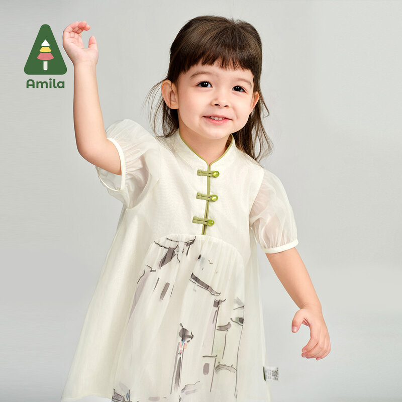 Amila 2024 летняя новая детская юбка с китайскими элементами пряжки, высокое качество, простые женские майки, платье