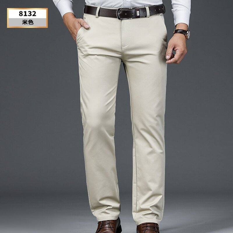 Calça casual reta stretch masculina, calça formal de spandex, calça preta caqui, verão, 2024