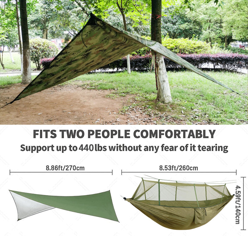Hamac de camping d'extérieur avec moustiquaire, équipement de tente de pluie, abri portable, lit de survie