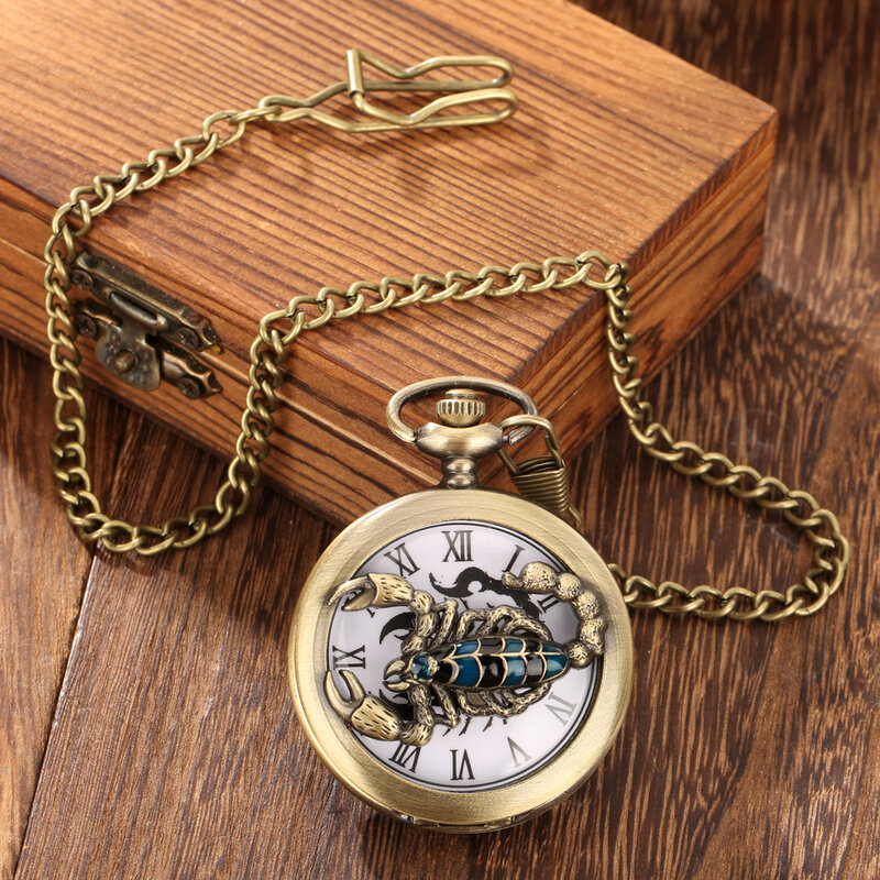 Steampunk Vintage Scorpion Pattern Fob Chain Jewelry, reloj de bolsillo de cuarzo para hombres, números romanos, collar con colgante hueco, relojes para damas