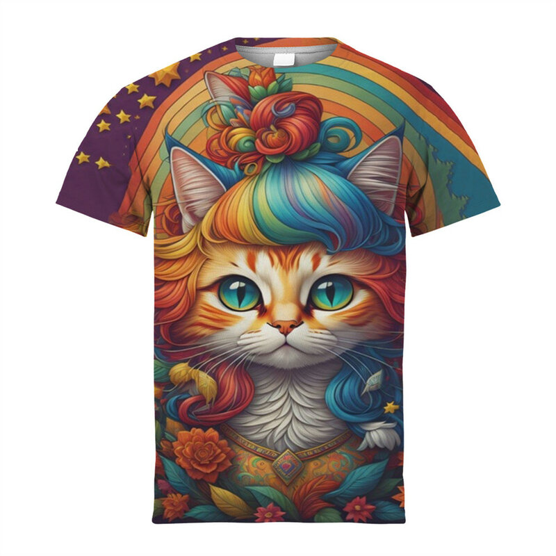 Camiseta infantil novidade, camiseta estampada com decote em O, roupas infantis, fantasia de gato, manga curta, camiseta de verão para menino