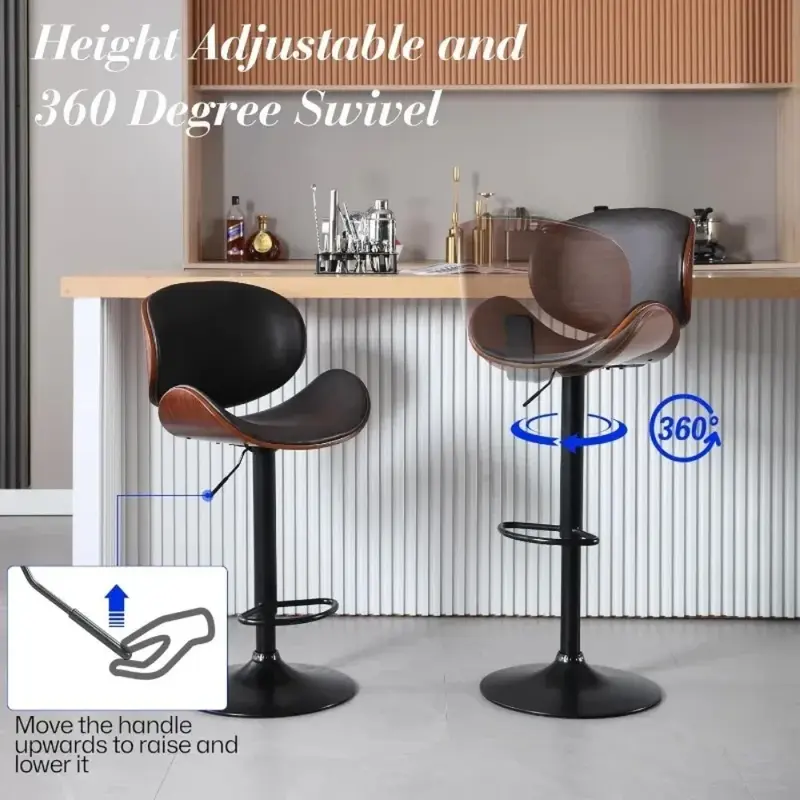 Set of 2, Swivel Adjustable Height Barstools, PU Leather Upholstered Bar Chairs with Footrest, Bentwood Bar Stool for Kitchen