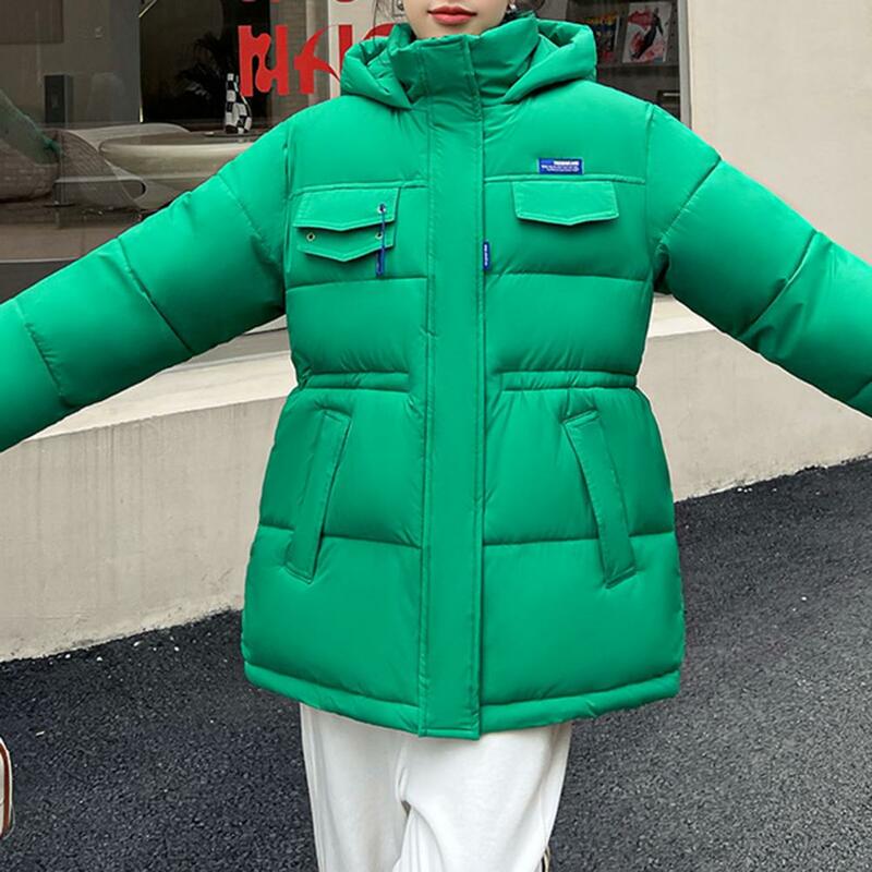 Casaco feminino com capuz com bolsos, jaqueta espessa à prova de vento, resistente ao frio, cintura apertada, manga longa, solta, ao ar livre, inverno