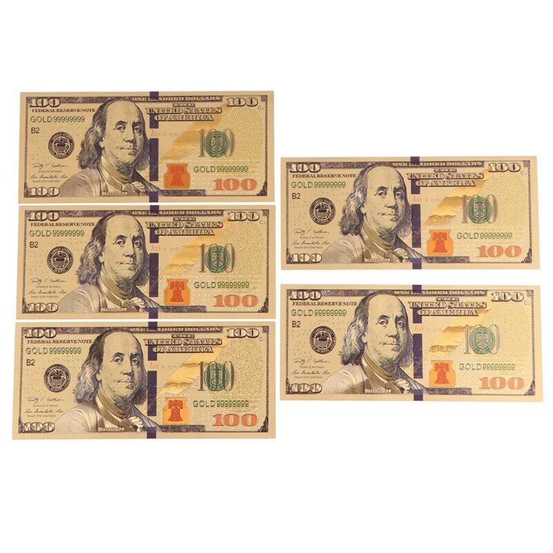US $100 Dólar 24K Folha De Ouro, Dourado USD, Papel, Dinheiro, Notas, Artesanato, 5Pcs
