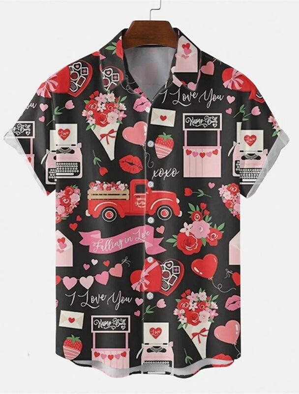 Camisa de botão cardíaco masculina, roupa diária casual, lapela de férias manga curta, poliéster, dia dos namorados