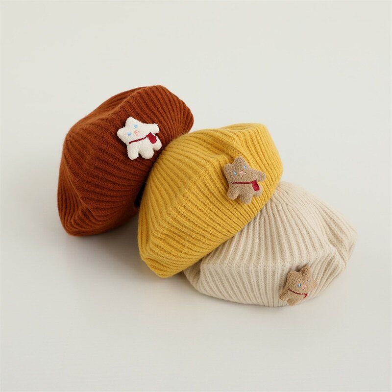 Bmnmsl-Bérets en tricot pour enfants, chapeau pour tout-petits, chapeau chaud décontracté, décor d'ours pour bébé, mode automne et hiver