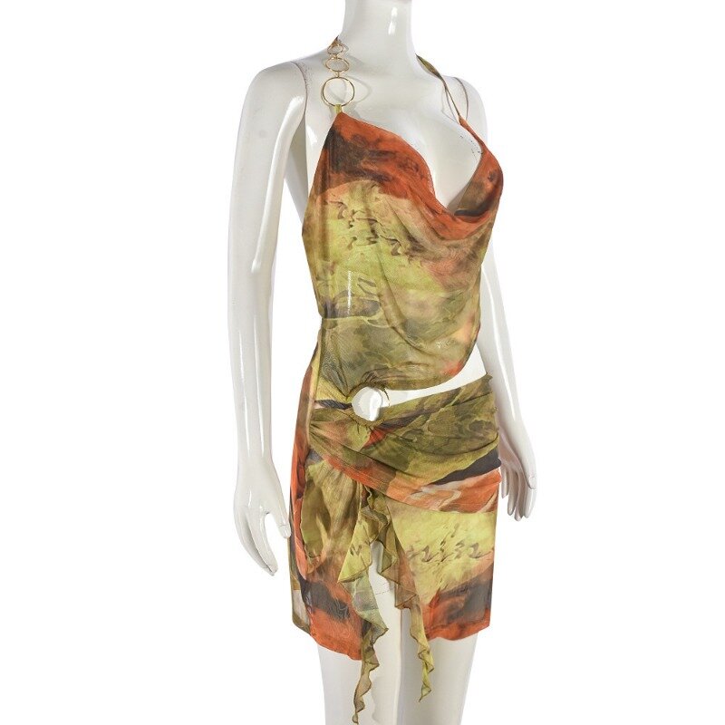 Женское Сетчатое мини-платье с драпировкой, V-образным вырезом и открытой спиной