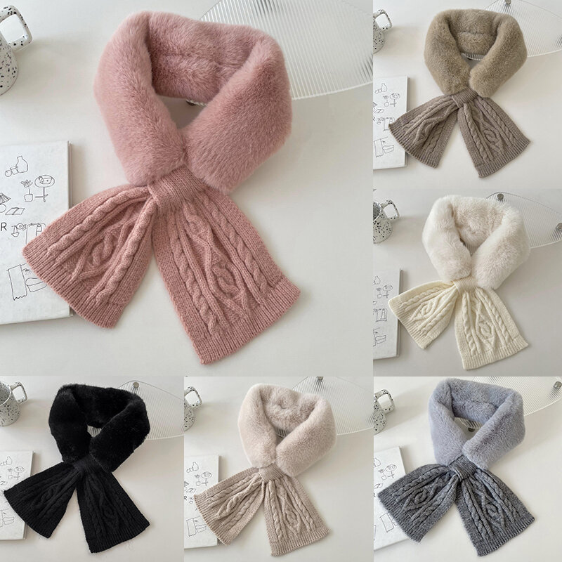 Solid Color Faux Rabbit Fur Collar Cross Neck Protect Warm Shawl Thicken Outdoor Neck Scarf Fluffy Knitting Woolen Cross Muffler