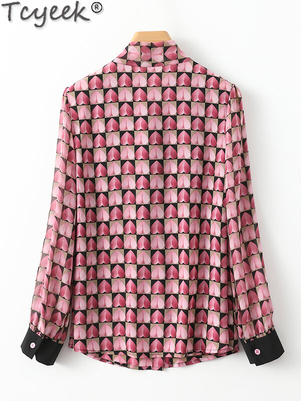 Tcyeek-camisa de seda de morera para mujer, blusa elegante de manga larga con lazo, ropa de primavera y verano, 92%, 2024