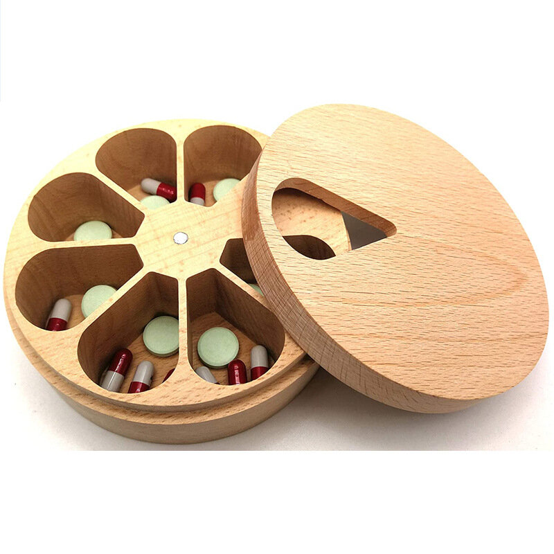 Caja de Medicina de madera para artesanías, caja de Medicina de haya de 7 rejillas, contenedor de organización y almacenamiento de madera maciza para Cocina