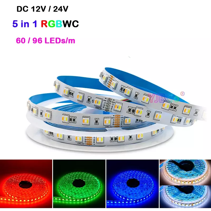 Alto brilho LED Strip Light, fita RGBCCT, temperatura de cor, SMD 5050, 60, 96 LED por m, DC 12V, 24V, RGB + CW, WW, 5 em 1, 5m