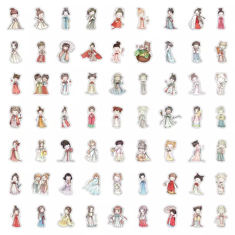 Hanfu girl-ステッカー,デカール,装飾,スーツケース,携帯電話ケース,ラップトップ,ヘルメット,スケートボード,DIYおもちゃ,63個