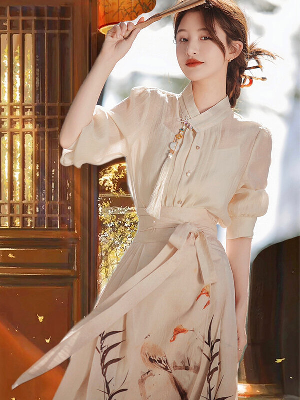 ชุดเดรสสไตล์จีนแบบดั้งเดิมชุดกระโปรงเย็บต่อผ้าฮันฟูชุดเดรสกระโปรงผู้หญิงสไตล์ย้อนยุคแนวหวานสวยงาม