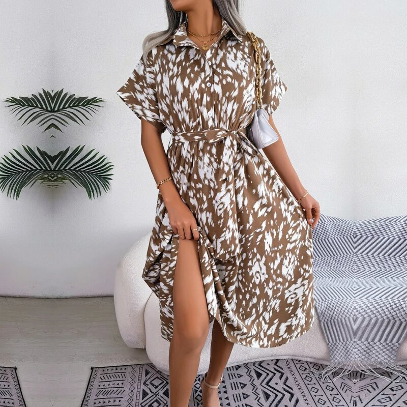 Платье-рубашка женское с леопардовым принтом, модное повседневное свободное кружевное платье до середины икры с коротким рукавом, с лацканами, на лето