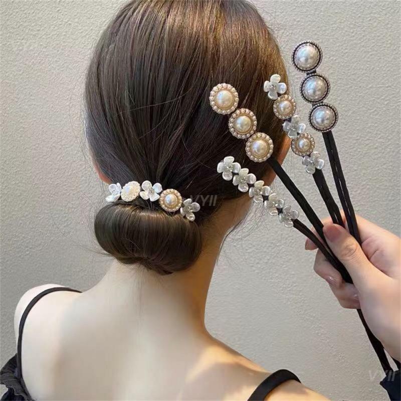 Encrespador de cabelo trançado pérola flor elegante para mulheres, presilhas preguiçosas, acessórios vintage, ferramentas maker, bandana