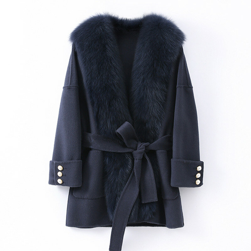 Pudi – manteau en vraie fourrure de renard pour femme, veste d'hiver, grande taille, mélange de laine, Parka Trench, 2021 Ins, Z20221