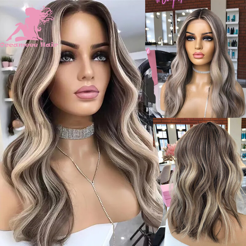 Highlight Human Hair Lace Frontale Pruik Ash Brown Blonde Human Hair Full Lace Pruik Natural Wave Hd Transparant Lace 13X4 Lace Front