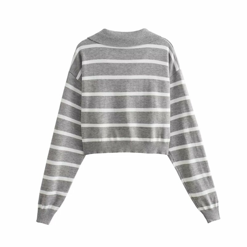 Kobiety 2023 nowa moda przycięte dekolt w szpic Casual dzianinowy sweter w paski Vintage z długim rękawem damskie swetry eleganckie koszule