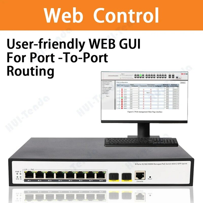 HUI-Tenda 8 Port WEB Smart Gigabyte Managed Switches 2 Port 100/1000Mbps SFP for AP/VoIP Phone/Surveillance/POE Camera