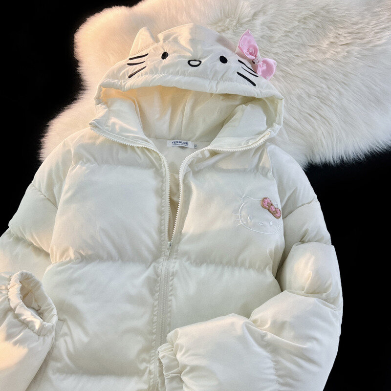 Sanurgente-Doudoune zippée Hello Kitty pour femme, manteau imprimé dessin animé mignon, veste en coton monochrome Kawaii pour étudiant, manteau adt décontracté