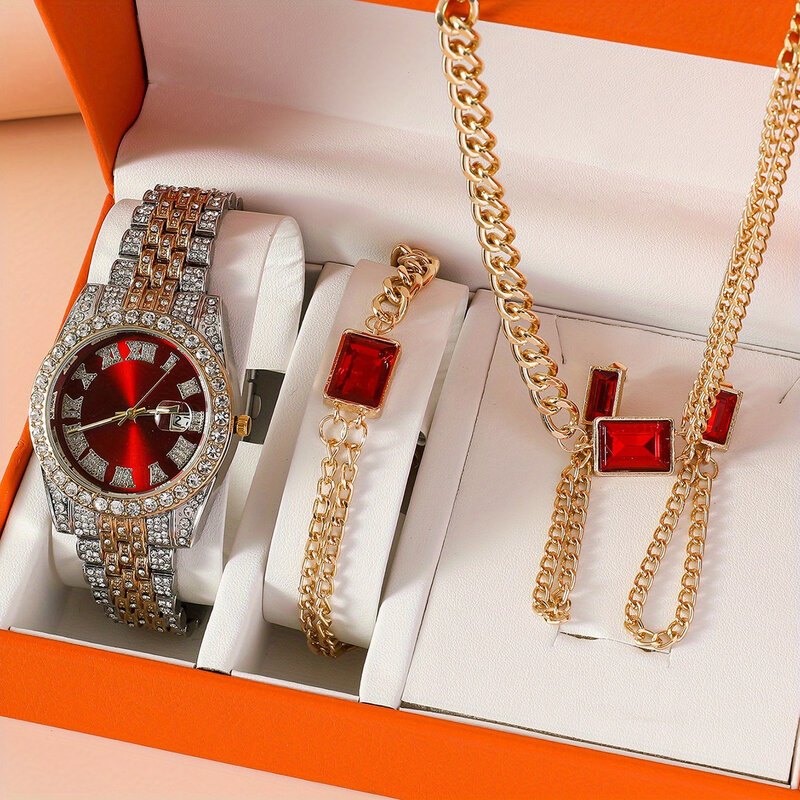 5 Stück Luxus Damen Diamant Uhr Damenmode Stahl kette Uhren Schmuck Kette Ohrringe Armband Halskette Set