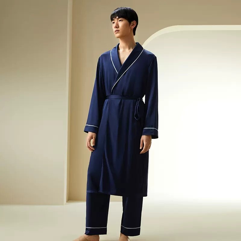 Pijama de seda amoreira masculino, roupão noturno de cor sólida, confortável e respirável, pijama sedoso, 19mm, novo, primavera, P41929QM, 2020