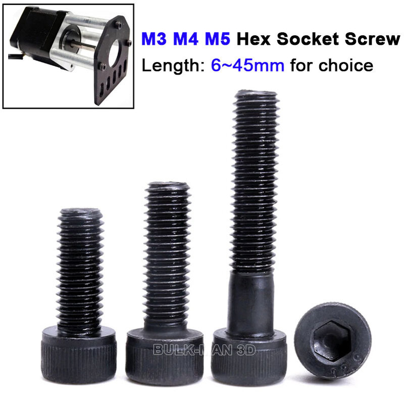 20/50Pcs M3 M4 M5สีดำคาร์บอนสตีล Hexagon Hex ซ็อกเก็ตหัวสกรู Bolt ความยาว6-45มม.