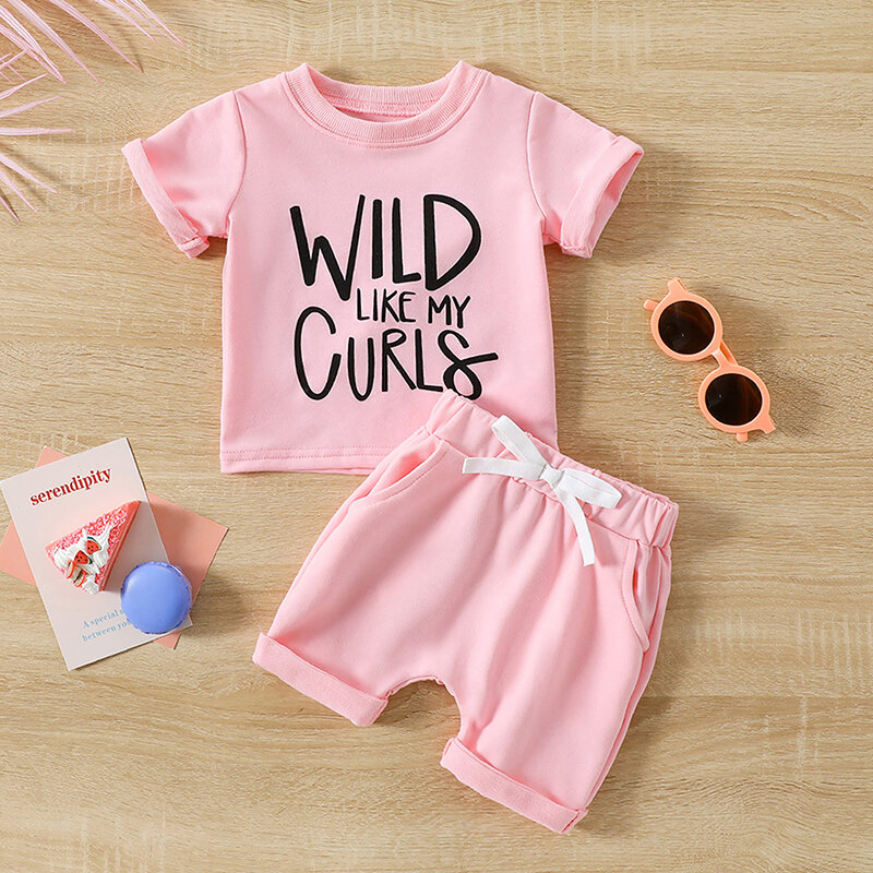 Toddler Baby Girl Summer Clothes Wild Like My Curls Short Sleeve Letters Print T-shirt Tops with Shorts 2Pcs Outfits Set