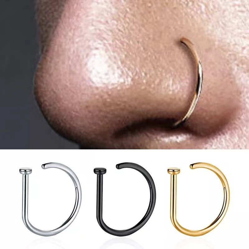 New Curved Barbells Fake Nose Piercing D Shaped Tragus Helix Stud Earring Hoop Septum Stainless Steel Ring Nostril Body Jewelry