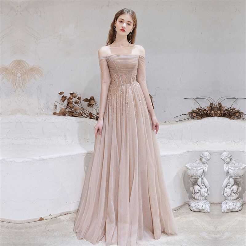 Gorgeous Evening Dresses 2023 Nude Pink Sexy Off Shoulder Beaded Beading Sequined Long Sleeve Formal Gown